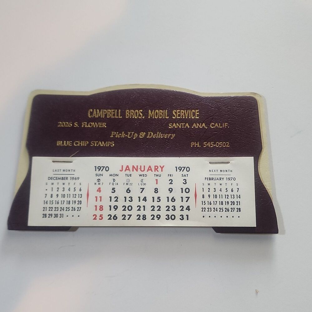 Vintage 1970 Mobil Gas Calendar Campbell Bros Santa Ana California Blue Chip...